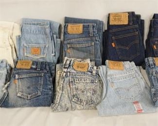 1116	LOT OF TEN PAIRS OF VINTAGE LEVIS JEANS W/ ORANGE TABS. ALL ARE YOUTH SIZES. SIZES ARE; TWO ARE SIZE 8, TWO ARE SIZE 9, TWO ARE SIZE 10, THREE ARE SIZE 12 & ONE PAIR THE SIZE IS ILLEGIBLE. VARYING DEGREES OF WEAR 
