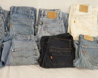 1118	LOT OF TEN PAIRS OF VINTAGE LEVIS JEANS W/ ORANGE TABS. SIZES ARE; 28 X 29, 25 X 32, 28 X 32, 28 X 30, 25 X 28, 26 X 30, TWO ARE SIZE 27 X 28, & TWO ARE SIZE 27 X 30. VARYING DEGREES OF WEAR.
