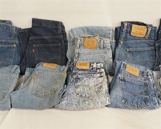 1119	LOT OF TEN PAIRS OF VINTAGE LEVIS JEANS W/ ORANGE TABS INCLUDING A PAIR OF BELL BOTTOMS SIZE 29 X 32. THE REST ARE SIZES; 28 X 30, 27 X 28, 27 X 30, 29 X 29, TWO ARE SIZE 26 X 30 & THREE ARE SIZE 27 X 32. VARYING DEGREES OF WEAR 
