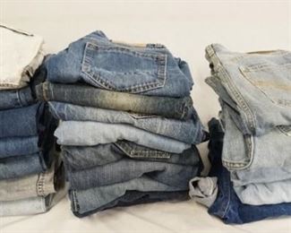 1127	LOT OF 24 PAIRS OF JEANS FROM VARIOUS BRANDS WAIST SIZES RANGE FROM 26-31 IN. INLCUDING EXHAUST, CANYON RIVER BLUES, RUSTLER, CINTAS, BULLHEAD, COTLER, COPPER RIVET, AEROPOSTALE, AMERICAN EAGLE, ROEBUCK & CO, UNION BAY, ARIZONA, INTERNTIONAL MALE, & WRANGLER. VARYING DEGREES OF WEAR 
