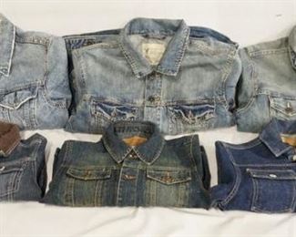 1128	LOT OF SIX DENIM JACKETS LOT INCLUDES; TWO FROM AMERICAN EAGLES SIZES-XL & MEDIUM, ABERCROMBIE & FITCH SIZE MEDIUM, GYMBOREE- YOUTH SIZE SMALL, OLD NAVY- YOUTH SIZE SMALL & AP PENNY'S-SIZE IS UNMARKED. VARYING DEGREES OF WEAR 
