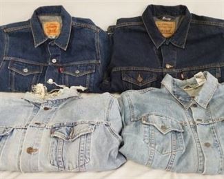 1129	LOT OF FOUR LEVIS DENIM JACKETS. ONE APPEARS TO BE A YOUTH SIZE LARGE, THE OTHERS ARE ADULT SIZES-MEDIUM, LARGE & EXTRA LARGE. ONE OF THE JACKETS THERE IS CONSIDERABLE WEAR TO THE COLLAR. VARYING DEGREES OF WEAR 
