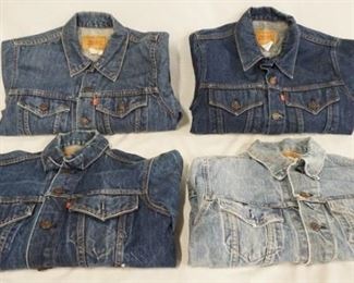 1131	LOT OF FOUR VINTAGE LEVIS DENIM JACKETS. TWO THE SIZES ARE UNKNOWN ONE MEASURES APP. 17 IN SHOULDER TO SHOULDER THE OTHER MEASURES APP. 18 IN. THE OTHER TWO SIZES ARE MARKED 18 & 16. VARYING DEGREES OF WEAR 
