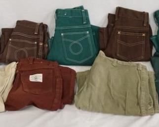 1145	LOT OF NINE PAIRS OF VINTAGE PANTS. THREE ARE SUPER JEANS YOUTH SIZES; 8 & TWO ARE SIZE 10, THREE ARE WRANGLER YOUTH SIZE 12, 14 (SHORTS HAS SOME STAINING) ONE PAIR SIZE IS UNMARKED WAIST MEASURES APP. 30 IN. & ONE PAIR BOTH THE BRAND & SIZE IS UNKNOWN WAIST MEASURES APP. 27 IN 
