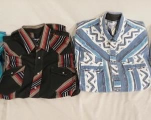 1147	LOT OF FOUR VINTAGE WESTERN SHIRTS; ROPER SIZE LARGE, TWO ARE WRANGLER- ONE SHIRT IS SHORT SLEEVE & TRU-WEST ROCK MOUNT RANCH WEAR SIZE MEDIUM
