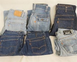 1146	LOT OF SIX PAIRS OF VINTAGE LEVIS JEANS W/ ORANGE TABS. VARYING DEGREES OF WEAR 
