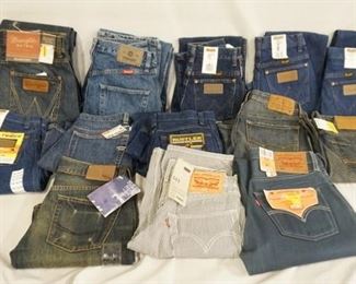 1151	LOT OF 13 PAIRS OF JEANS NEW W/ TAGS FROM VARIOUS BRANDS INCLUDING; WRANGLER, DIESEL, RUSTLER, AMERICAN EAGLE, BULL HEAD & LEVIS, LOT INCLUDES BOTH ADULT & YOUTH SIZES. 

