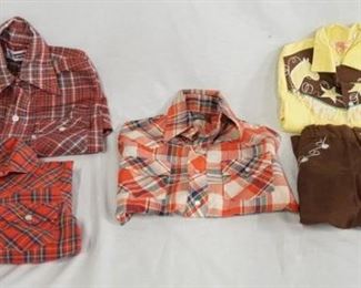 1159	LOT OF VINTAGE SMALL CHILD SIZED CLOTHING LOT INCLUDES THREE SHIRTS; LEVIS, HAYDEN HOUSE (ONE SHIRT THE BRAND IS UNKNOWN) & A WESTERN OUTFIT BY THE PLUS BRAND 
