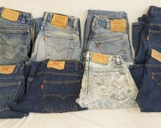 1161	LOT OF EIGHT PAIRS OF VINTAGE LEVIS JEANS W/ ORANGE TABS. SIZES ARE; 33 X 34, 30 X 32, 32 X 30, 33 X 31, TWO ARE 30 X 30, & TWO ARE SIZE 30 X 34. VARYING DEGREES OF WEAR 
