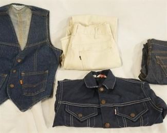 1172	LOT OF VINTAGE LEVIS CLOTHING LOT INCLUDES A VEST, A JACKET & TWO PAIRS OF PAINTS. THE JACKET & BOTH PAIRS OF PANTS HAVE BIG E. VARYING DEGREES OF WEAR 
