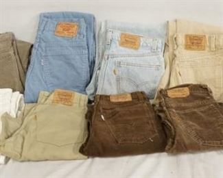 1181	LOT OF TEN PAIRS OF VINTAGE LEVIS JEANS W/ WHITE & ORANGE TABS. ONE SIZE IS UNKNOWN THE WAIST MEASURES APP. 28 IN. THE REST ARE SIZES; 28 X 27, 28 X 32, TWO ARE 28 X 28, TWO ARE 29 X 34, & THREE ARE 28 X 30. VARYING DEGREES OF WEAR 
