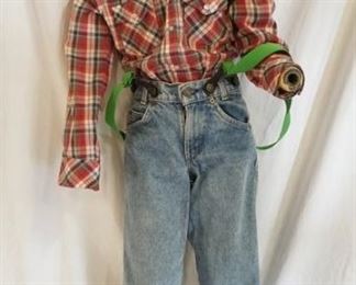 1184	BOY MANNEQUIN CLOTHED IN VINTAGE LEVIS JEANS W/ SUSPENDERS, & A LEE WESTERN SHIRT. HAS NO HANDS. APP. 51 IN TALL. MANNEQUIN MAY SUFFER LOSSES TO BODY/FACE
