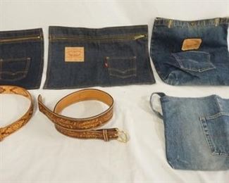 1191	LOT OF FOUR BAGS MADE FROM LEVIS JEANS, ONE BAG IS SELVEDGE PLUS TWO LEATHER BELTS. ONE OF THE BELTS HAS THE NAME TOM STAMPED ONTO IT
