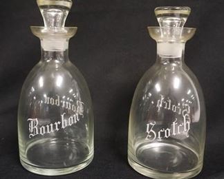 1009	ANTIQUE BOURBON & SCOTCH DECANTERS, ETCHED ON BOTH SIDES, 9 IN HIGH
