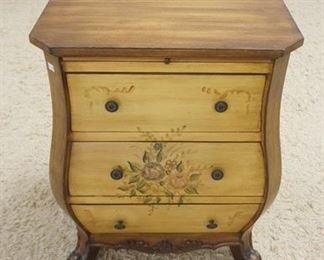 1019	PAINT DECORATED 3 DRAWER BOMBE CHEST W/PULL OUT SURFACE, 22 1/2 IN X 16 IN X 29 IN HIGH
