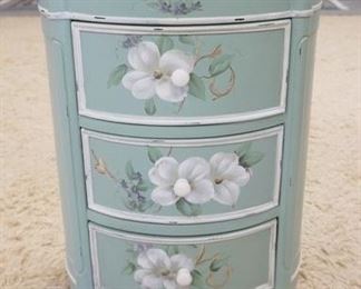 1023	PAINT DECORATED OVAL 3 DRAWER STAND, 19 IN  WIDE X 16 IN DEEP X 26 1/2 IN
