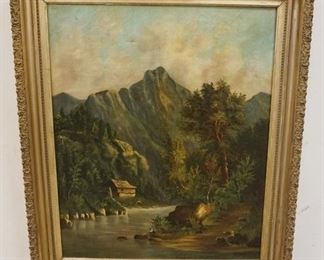 1047	FRAMED OIL ON CANVAS, COTTAGE ON STREAM W/MAN FISHING, IMAGE 23 IN X 28 1/2 IN
