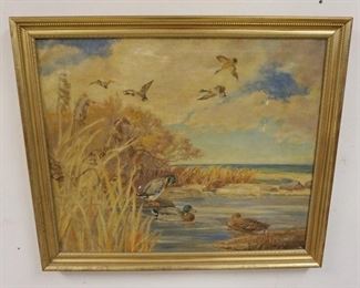 1048	FRAMED SIGNED OIL ON CANVAS, DUCKS IN FLIGHT & SHORE, SOME PAINT LOSS, OVERALL 33 3/4 IN X 29 IN
