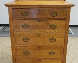 1053	SOLID OAK 5 DRAWER CHEST W/CARVED SPLASH, 36 IN X 21 IN X 61 IN
