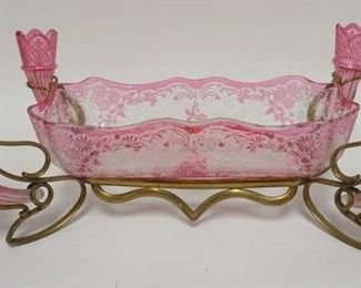 1061	ANTIQUE CRANBERRY TO CLEAR ACID ETCHED CENTERPIECE, HAS 4 CORNUCOPIA CORNER PIECES & AN OBLONG BOWL-ALL IN ORIGINAL BRASS HOLDER, HAS A VERY INTRICATE ACID ETCHED DESIGN & STAR CUT BASE, 16 1/2 IN X 10 1/2 IN X 6 1/2 IN, LIKELY BACCARAT OR ST LOUIS
