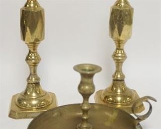 1069	PAIR OF TALL BRASS CANDLESTICKS & A BRASS CHAMBERSTICK, PAIR IS 13 1/2 IN HIGH, CHAMBERSTICK IS 8 1/2 IN DIAMETER
