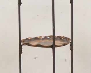 1070	WROUGHT IRON & COPPER 3 TIER STAND,COPPER PLATES HAVE A FLOWER DESIGN, 36 IN HIGH, PLATES HAVE A 10 1/2 IN DIAMETER
