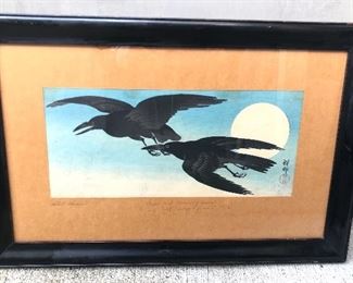 Japanese woodblock of crows & full moon by Ohara Koson (aka Shoson 1877-1945) Circa 1930s, framed size 22” x 15"
