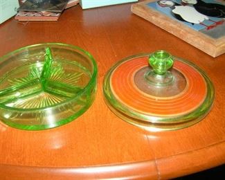green glass divided bowl with lid
