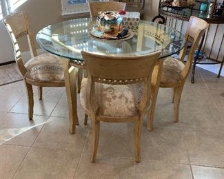 $575- OBO - WOW! Wonderful 48”  diameter beveled glass top table and four custom upholstered chairs 