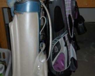 Newer golf bags, vintage golf clubs