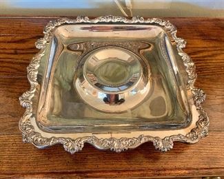 $48; Square silver plated footed serving platter;  14” square; 2” high