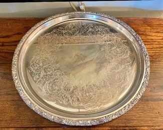 $40; Large monogrammed silverplated tray; International Silver Co #1008; 18” diameter