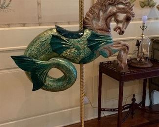 One of 2 whimsical carousel sea horses