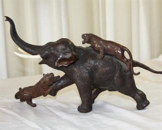 early 20th century Japanese bronze sculpture - Tigers attacking Elephant 16" x 11 1/2" tall - asking $895. 