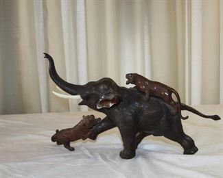 early 20th century Japanese bronze sculpture - Tigers attacking Elephant 16" x 11 1/2" tall - asking $895. 