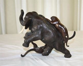 early 20th century Japanese bronze sculpture - Tigers attacking Elephant 14" x 9 1/2" tall - asking $725. 