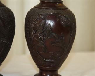 pair of Japanese bronze vases, 20th c. measure approx. 8 3/8" tall 3 7/8" dia. - asking $695 for the pair. 