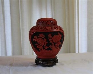 Cinnabar jar with lid p 6 1/2" tall- 5" dia - $125