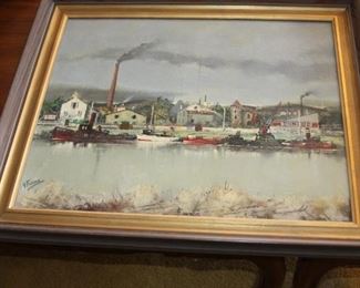 oil painting on canvas river scene with smoke stack by Gabriel Marc Ferro - measures 18" x 22", frame 22" x 25 1/2" - asking $500