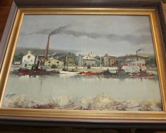 oil painting on canvas river scene with smoke stack by Gabriel Marc Ferro - measures 18" x 22", frame 22" x 25 1/2" - asking $500