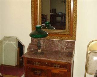 Marble top Walnut wash stand, Oak beveled mirror,  table lamp W/ case shade            