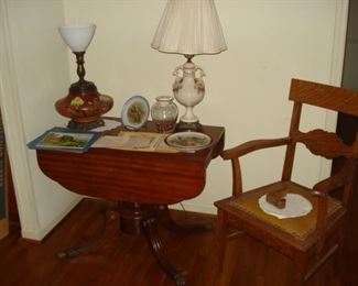 oak arm chair, gone with wind table lamp base, mahogany drop leaf table.