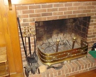 fire place tools, brass fender