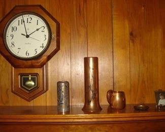 Electric clock, 2 Heintz silver overlay vases