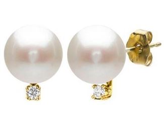 DaVonna 14k Yellow Gold 9-10mm Freshwater Pearl 0.06 Diamond Accent Earrings- Retail:$130.49