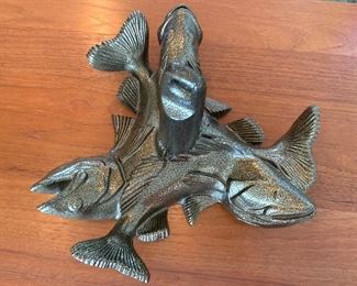 Decorative 20lb Fish Themed Anchor - bottom says Botson Co Walley 20. Measures about 9" H x 13" W.  This specially crafted river anchor features 3 walleye as the anchor flukes. The hammered-metal finish ensures ultra-strong, long-lasting performance. Eye-catching as any outdoor art or fishing art 
