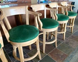 Set of Five Barstools by Guy Chaddock in "washed aspen"  Very high quality designer stools with a swivel upholstered seats that measure 18" x 19". Stools measure 37" total height.  These quality stools were originally $2,500 each. 