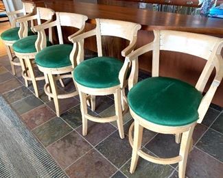 Set of Five Barstools by Guy Chaddock in "washed aspen"  Very high quality designer stools with a swivel upholstered seats that measure 18" x 19". Stools measure 37" total height.  These quality stools were originally $2,500 each. 