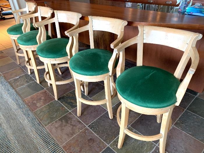 Set of Five Barstools by Guy Chaddock in "washed aspen"  Very high quality designer stools with a swivel upholstered seats that measure 18" x 19". Stools measure 37" total height.  These quality stools were originally $2,500 each. 
