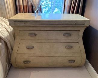 Two Hendredon Matching Bed Side Tables with crackle like finish and pull out shelves with copper surface. Described as "Leather Drawer Chest" in the decorators notes. Each side table measures 44" W x 19" D x 32" H. Some wear to the finish on both of these tables; which can be seen in the photos. New, each side table was purchased for $2,959.00